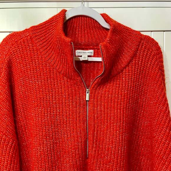 Calvin Klein Jeans Ribbed Quarter-Zip Knit Sweater In Red - Picture 3 of 7